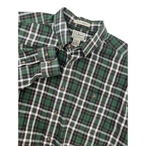 LL Bean Mens Large Green Plaid Wrinkle Resistant Cotton Merino Wool Shirt 285279